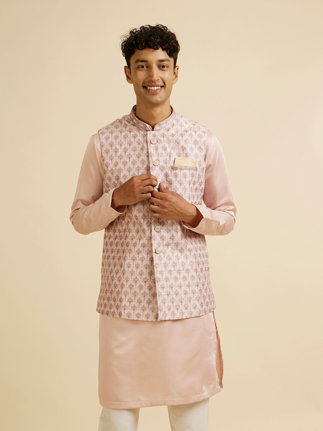 alt message - Manyavar Men Peach Buta Jaal Print Nehru Jacket image number 0