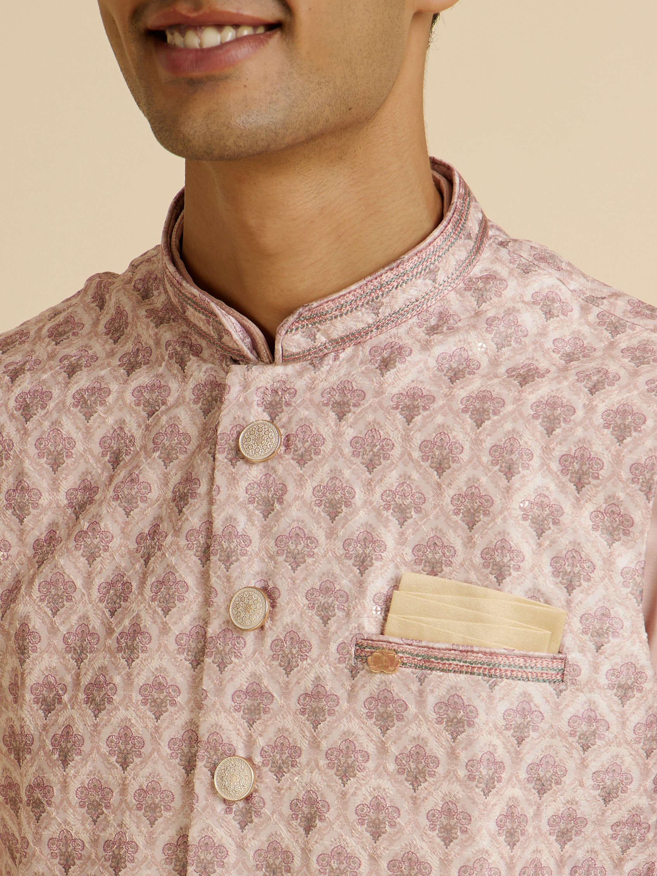 Manyavar Men Peach Buta Jaal Print Nehru Jacket