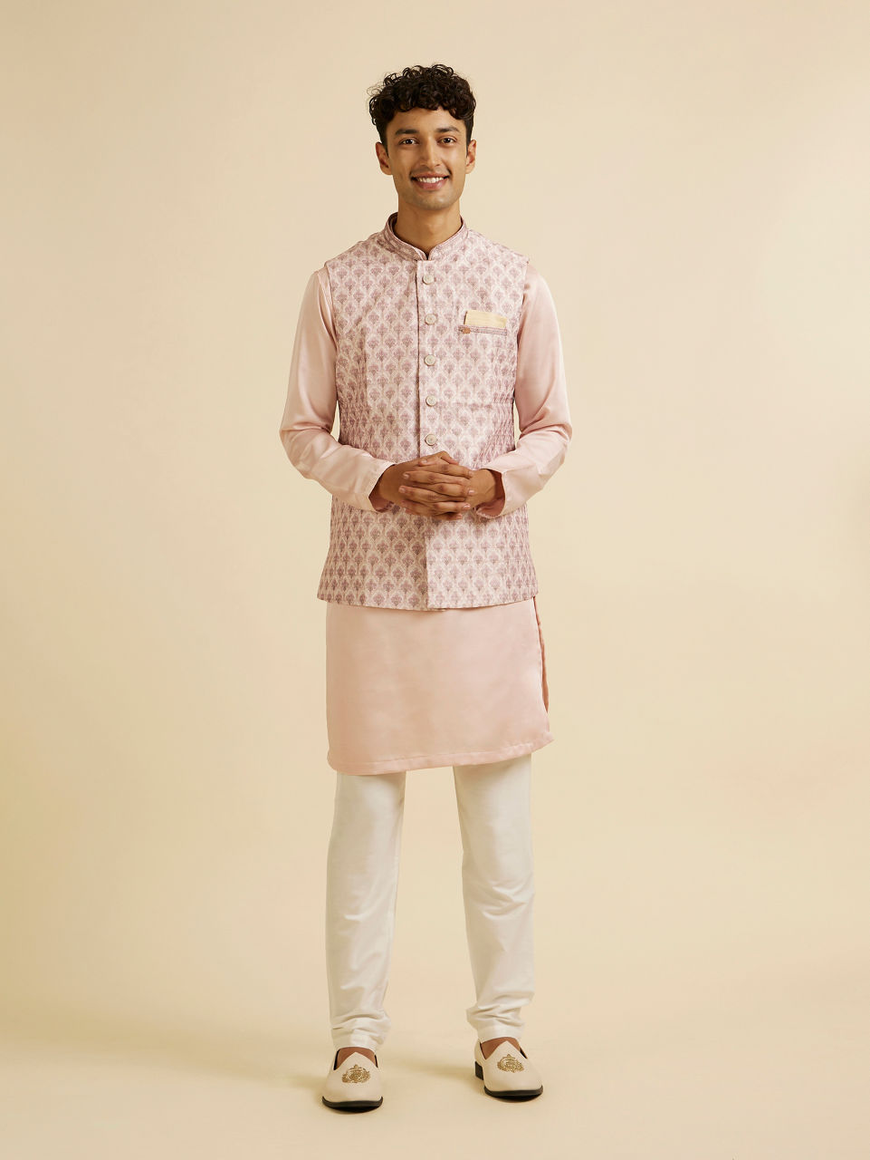 Manyavar Men Peach Buta Jaal Print Nehru Jacket