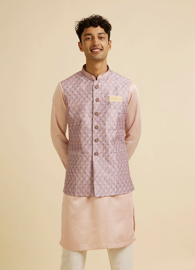 alt message - Manyavar Men Dusty Pink Buta Jaal Print Nehru Jacket image number 0