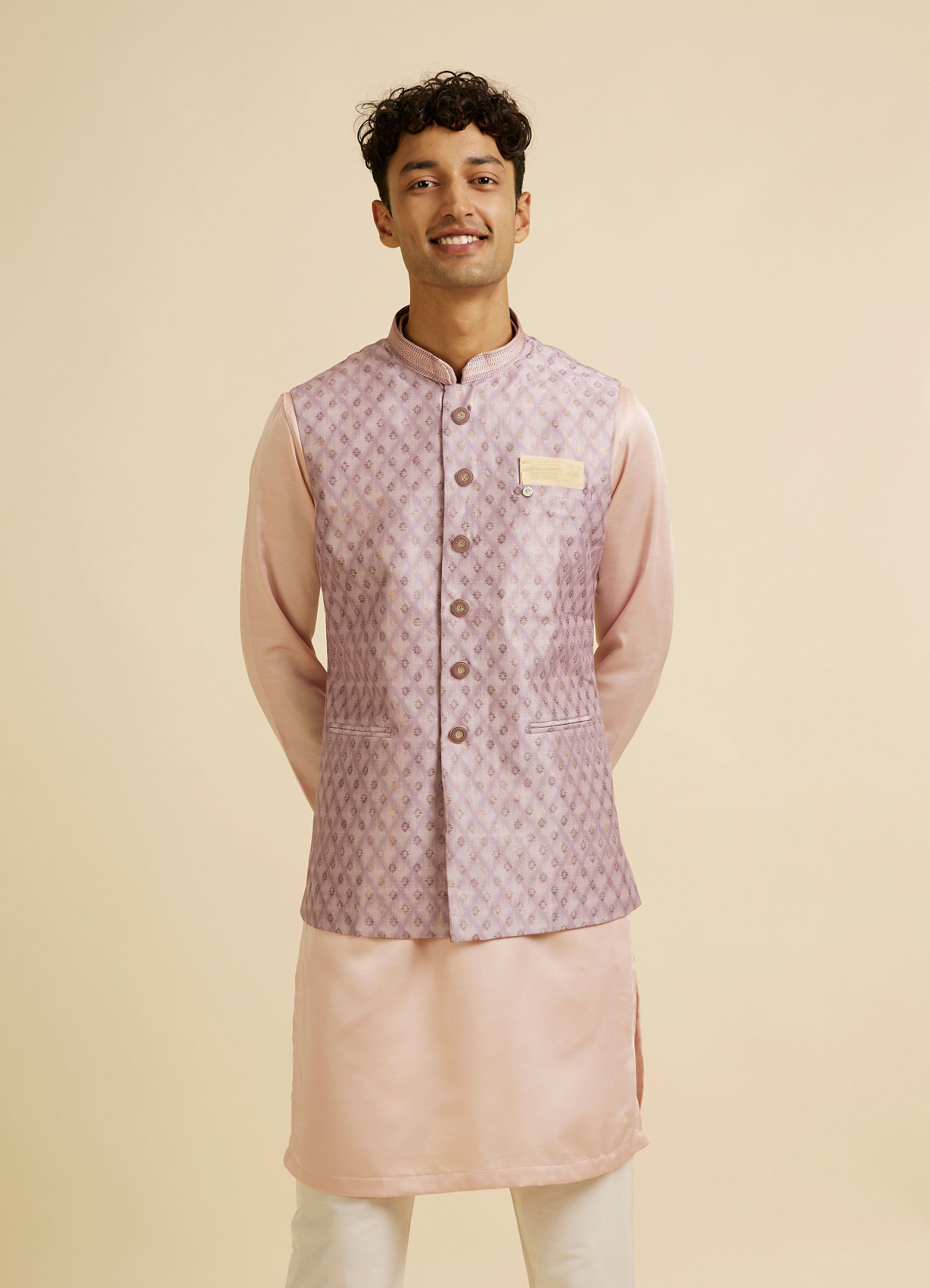 Manyavar Men Dusty Pink Buta Jaal Print Nehru Jacket