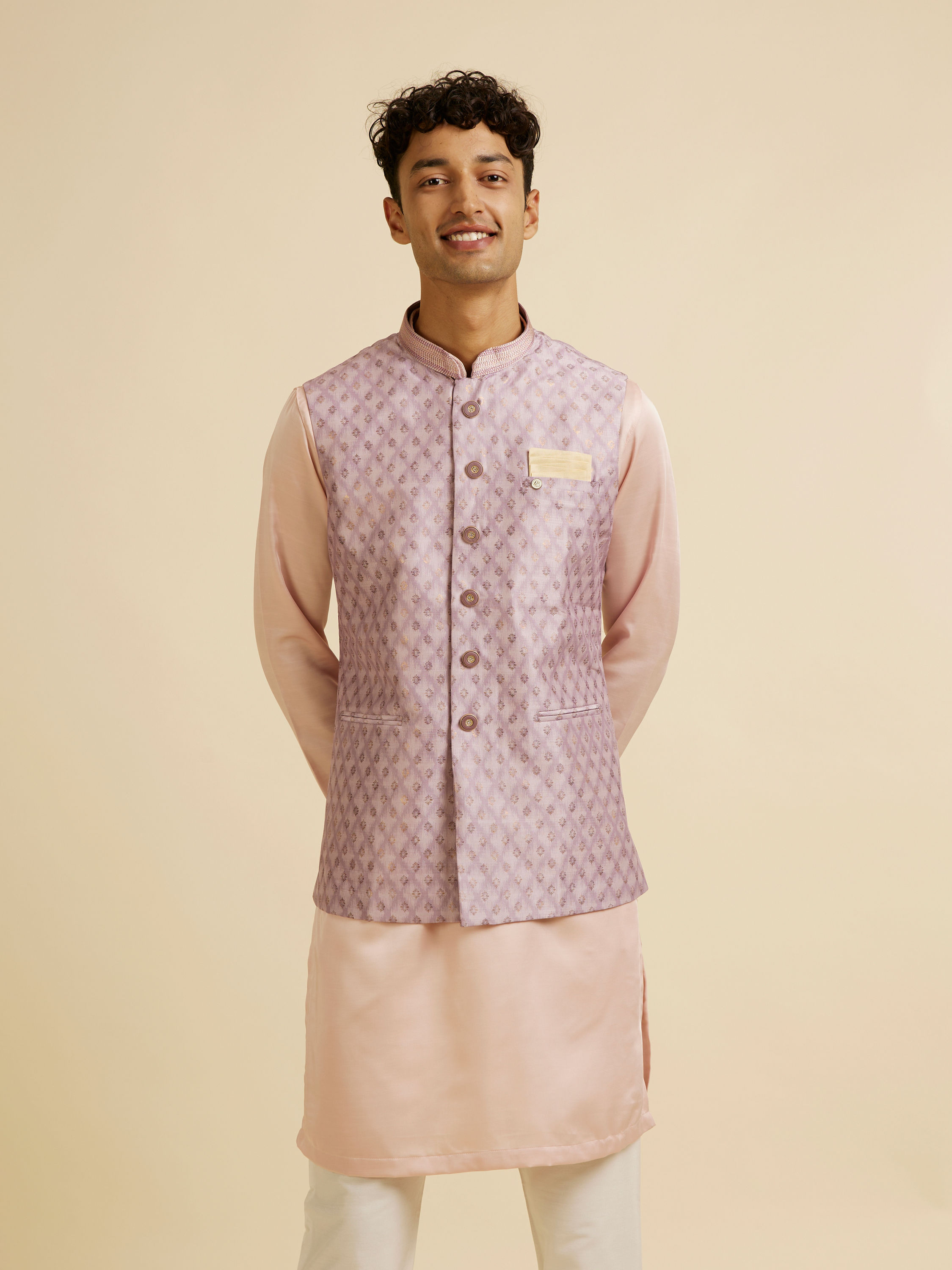 Manyavar Men Dusty Pink Buta Jaal Print Nehru Jacket