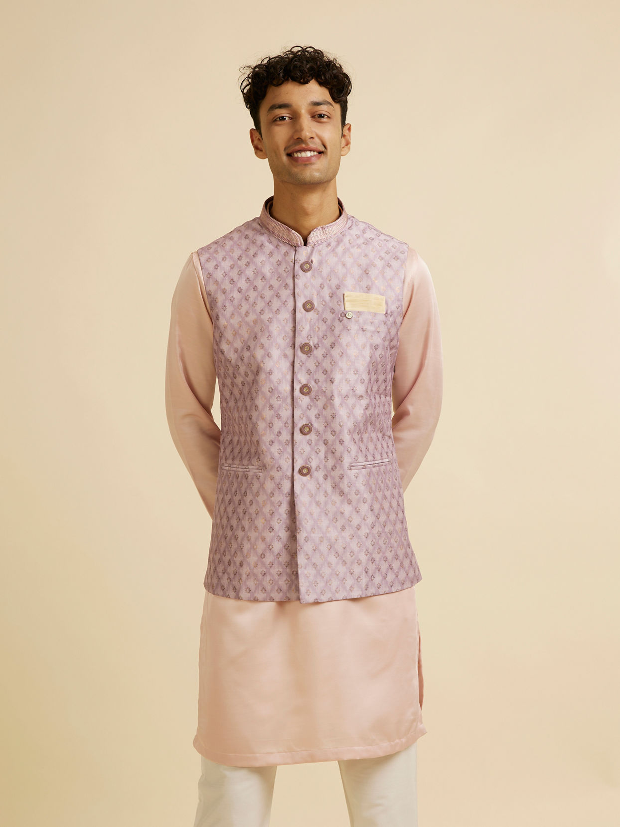 alt message - Manyavar Men Dusty Pink Buta Jaal Print Nehru Jacket image number 0