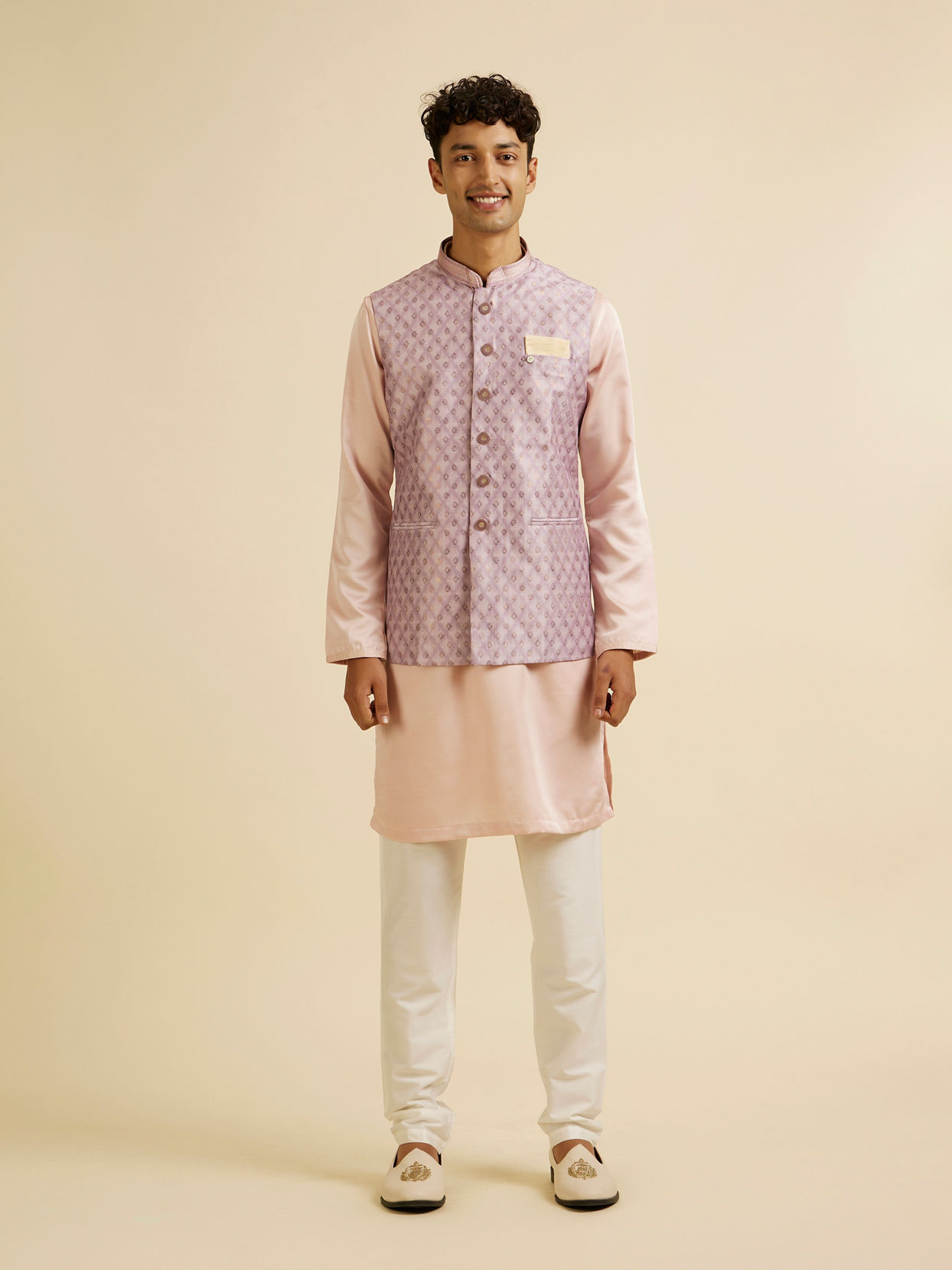 alt message - Manyavar Men Dusty Pink Buta Jaal Print Nehru Jacket image number 2