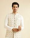 alt message - Manyavar Men Light Cream Conch Shell Motifs Nehru Jacket image number 0