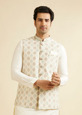 alt message - Manyavar Men Light Cream Conch Shell Motifs Nehru Jacket