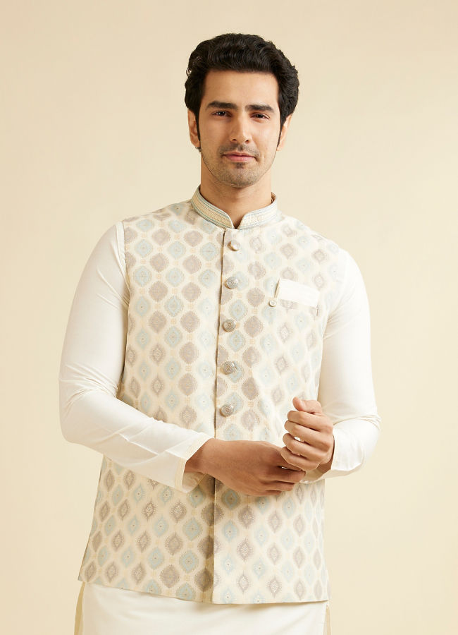 alt message - Manyavar Men Light Cream Conch Shell Motifs Nehru Jacket image number 0