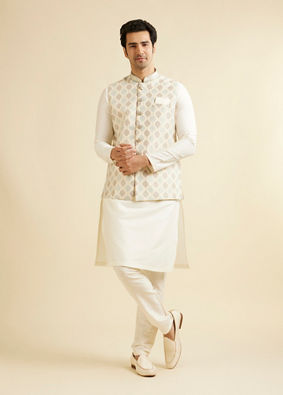 Manyavar Men Light Cream Conch Shell Motifs Nehru Jacket image number 2