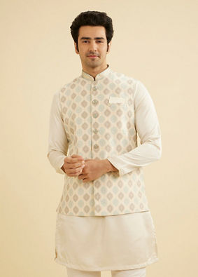 Manyavar Men Light Cream Conch Shell Motifs Nehru Jacket