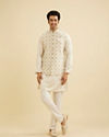 Manyavar Men Light Cream Conch Shell Motifs Nehru Jacket