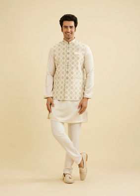 Manyavar Men Light Cream Conch Shell Motifs Nehru Jacket image number 2