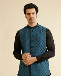 Manyavar Men Teal Blue Floral Jaal Nehru Jacket with Sequin Work