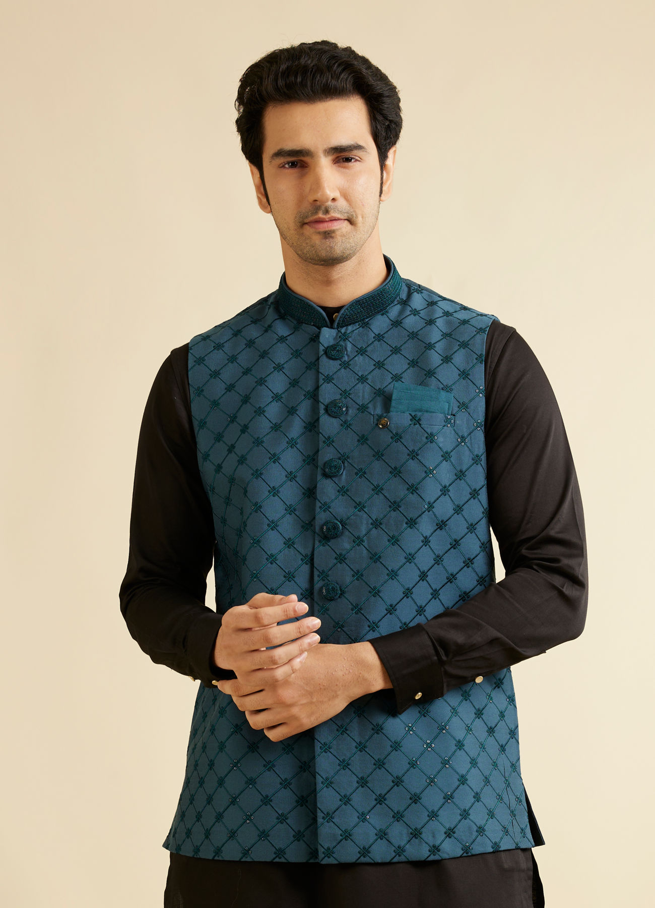 Manyavar Men Teal Blue Floral Jaal Nehru Jacket with Sequin Work