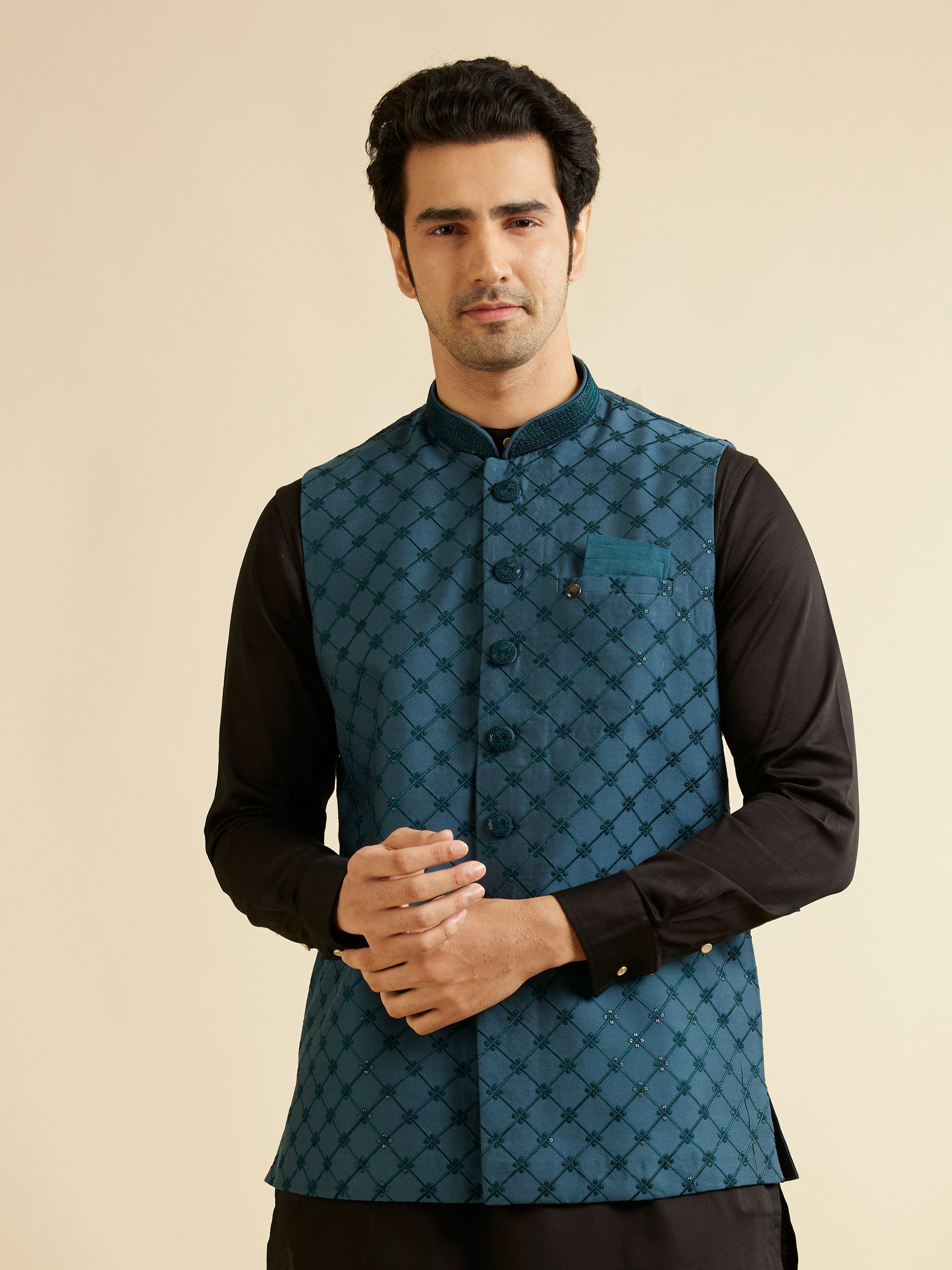 Manyavar Men Teal Blue Floral Jaal Nehru Jacket with Sequin Work