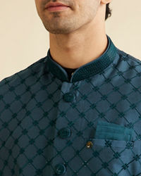 Manyavar Men Teal Blue Floral Jaal Nehru Jacket with Sequin Work