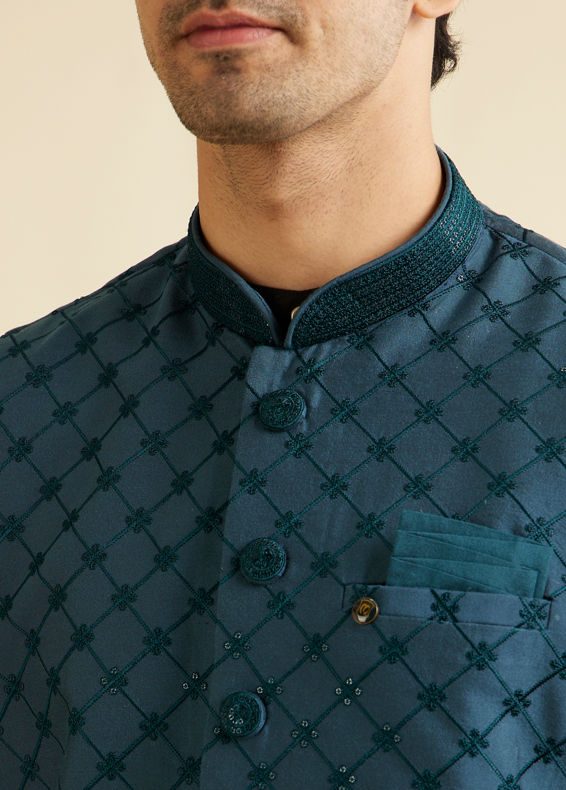 Manyavar Men Teal Blue Floral Jaal Nehru Jacket with Sequin Work