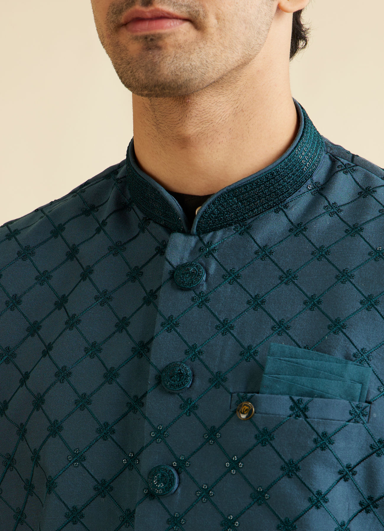 Manyavar Men Teal Blue Floral Jaal Nehru Jacket with Sequin Work