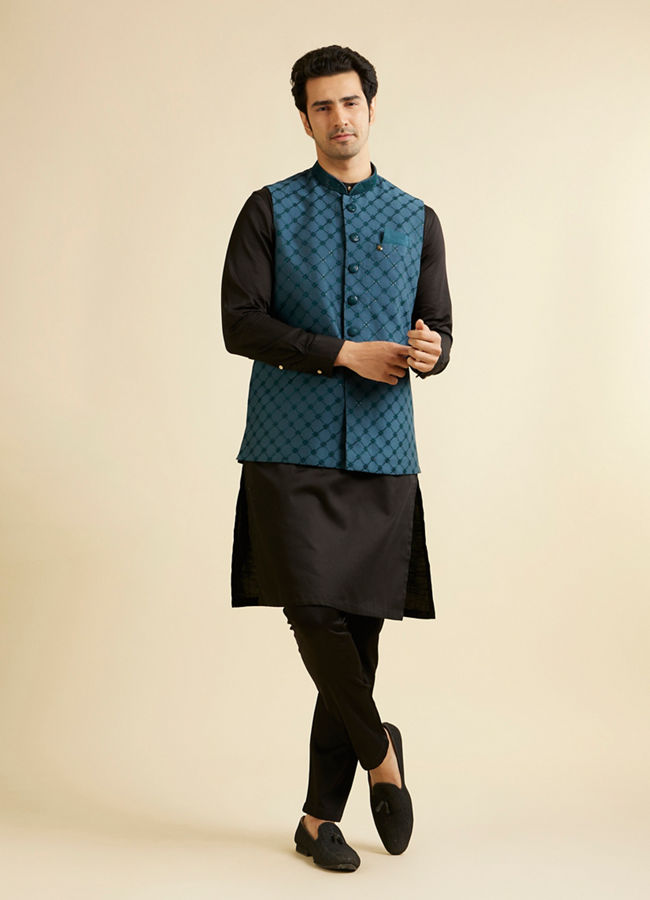 Manyavar Men Teal Blue Floral Jaal Nehru Jacket with Sequin Work
