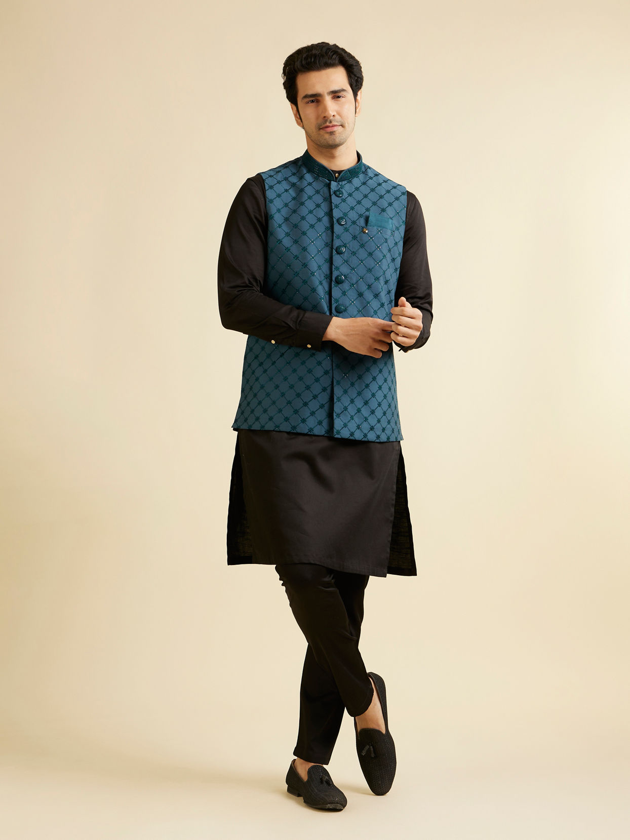 Manyavar Men Teal Blue Floral Jaal Nehru Jacket with Sequin Work