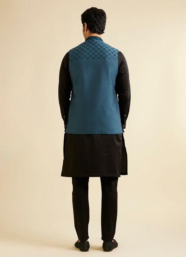 Manyavar Men Teal Blue Floral Jaal Nehru Jacket with Sequin Work