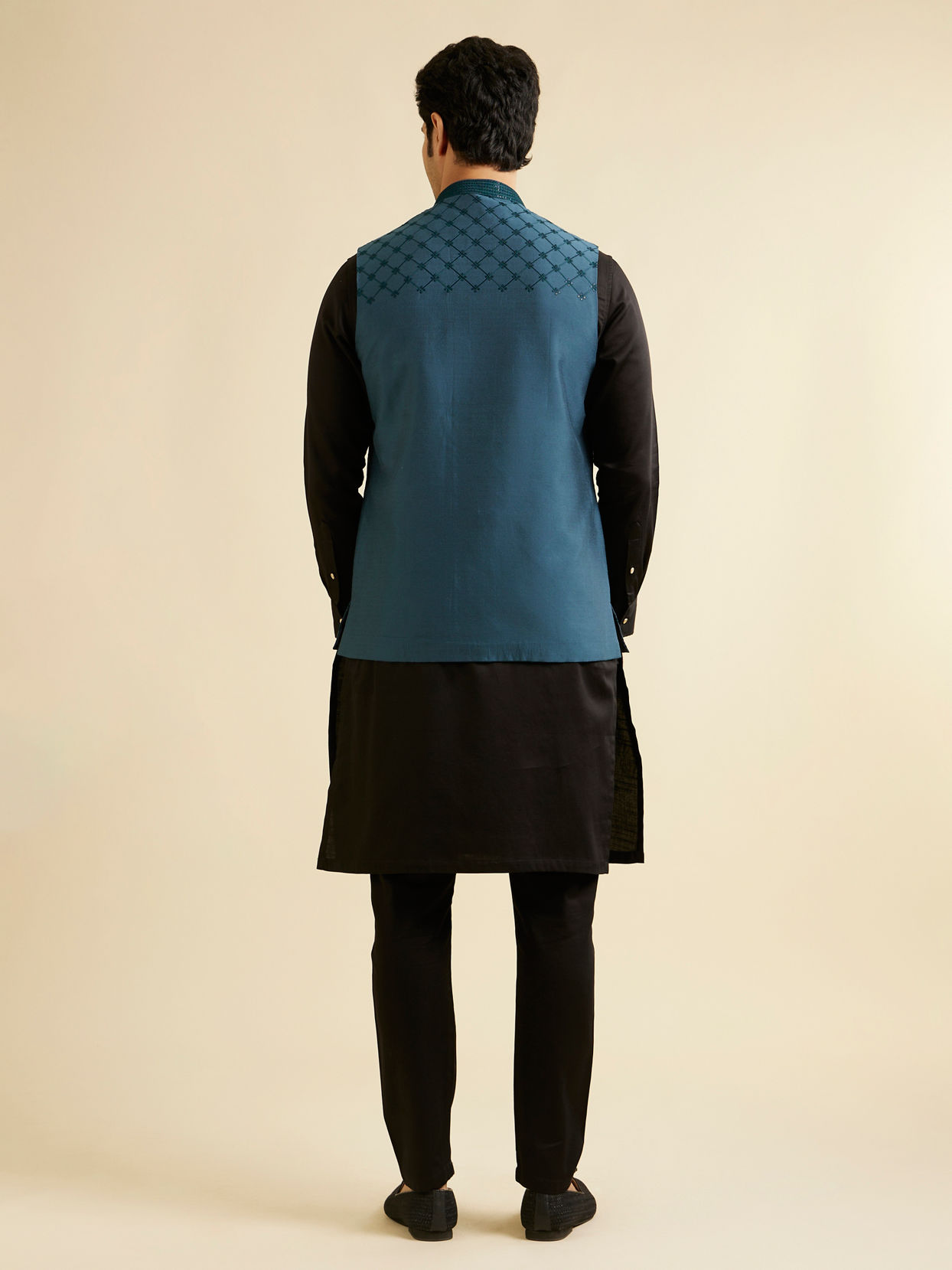 Manyavar Men Teal Blue Floral Jaal Nehru Jacket with Sequin Work