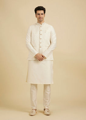 Manyavar Men Warm White Bel Buti Patterned Nehru Jacket