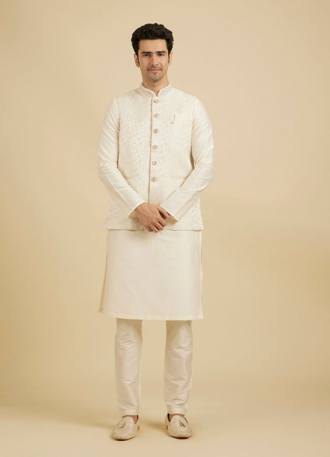 Manyavar Men Warm White Bel Buti Patterned Nehru Jacket image number 0