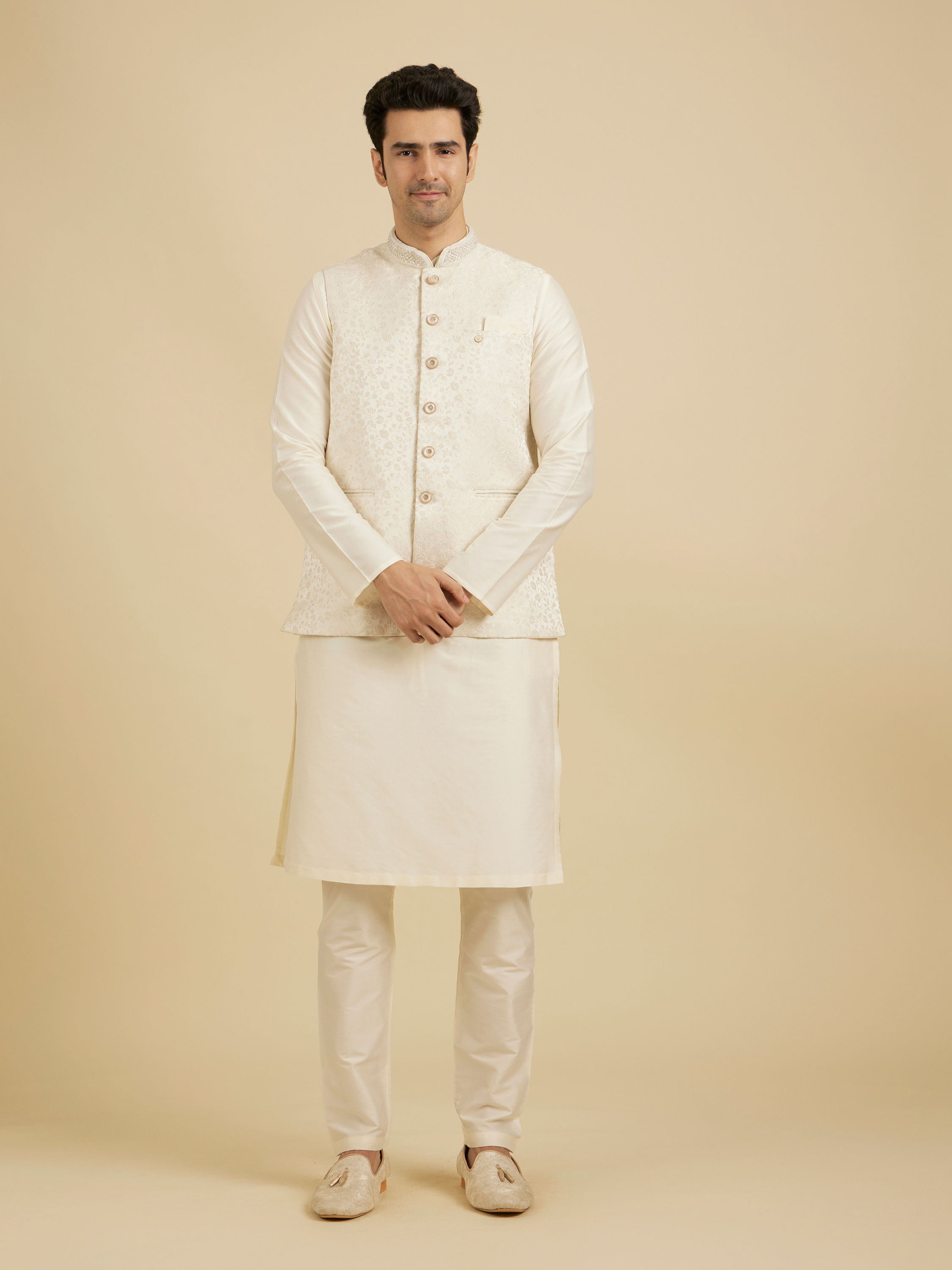 Manyavar Men Warm White Bel Buti Patterned Nehru Jacket