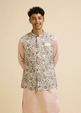 alt message - Manyavar Men Beige Bel Buti Print Nehru Jacket