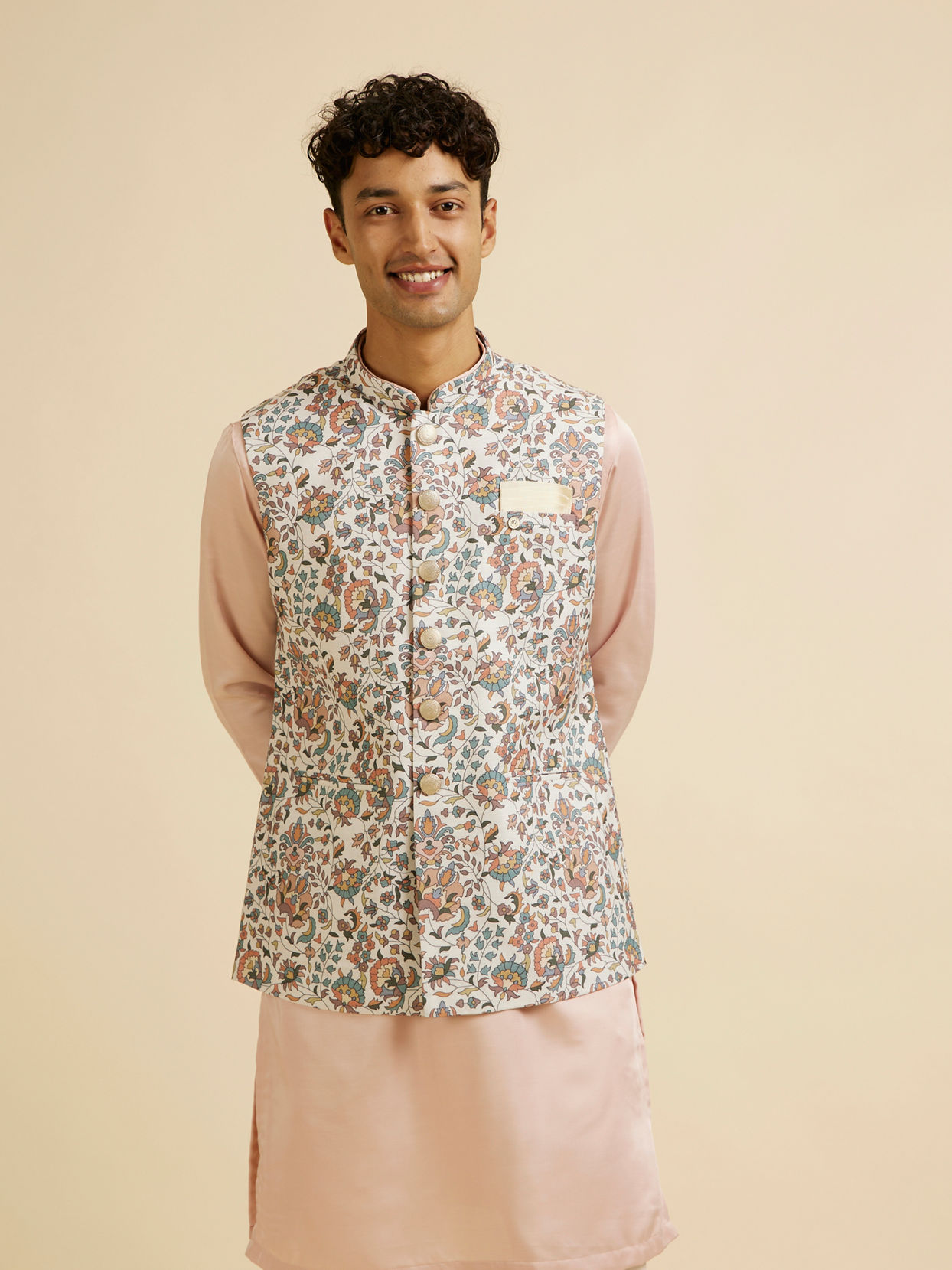 alt message - Manyavar Men Beige Bel Buti Print Nehru Jacket image number 0