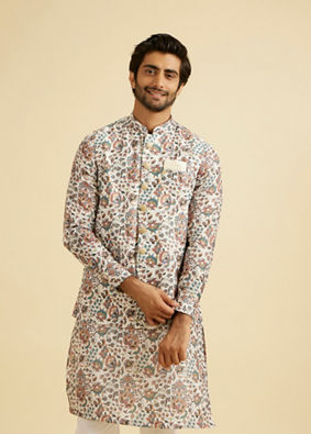 Manyavar Men Beige Bel Buti Print Nehru Jacket