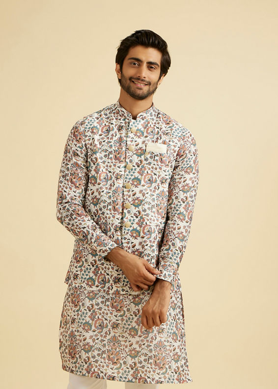 Manyavar Men Beige Bel Buti Print Nehru Jacket