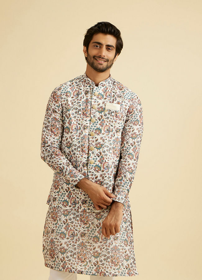 Manyavar Men Beige Bel Buti Print Nehru Jacket