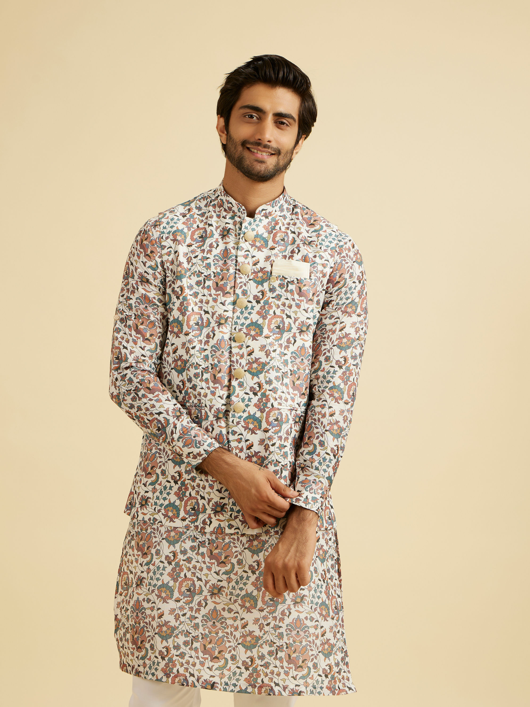 Manyavar Men Beige Bel Buti Print Nehru Jacket