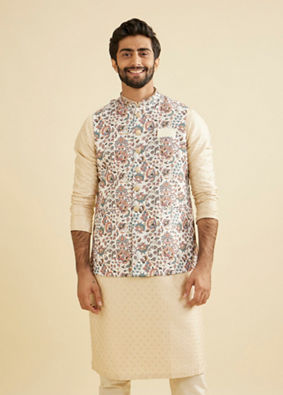 Manyavar Men Beige Bel Buti Print Nehru Jacket