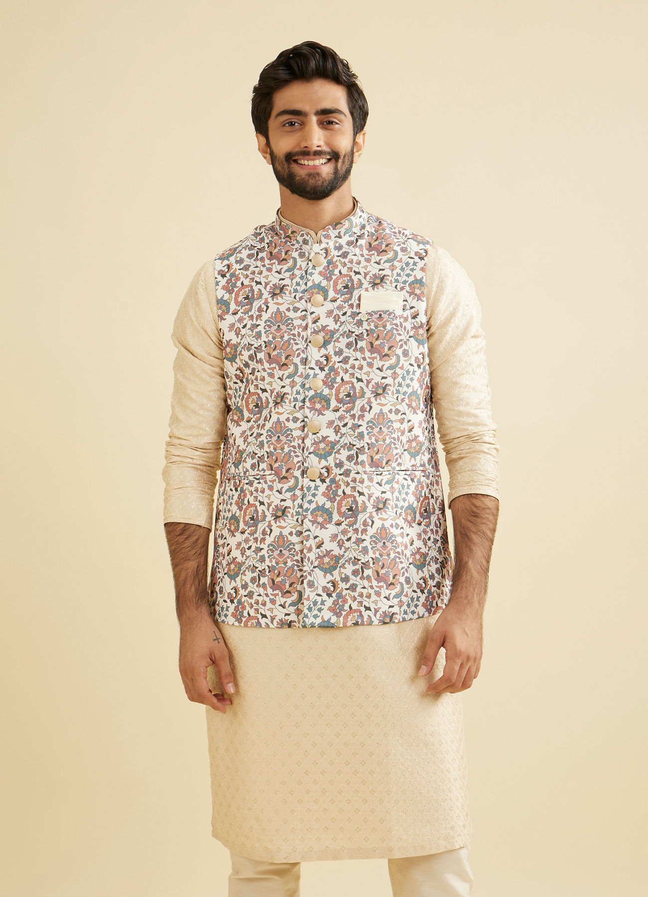 Manyavar Men Beige Bel Buti Print Nehru Jacket