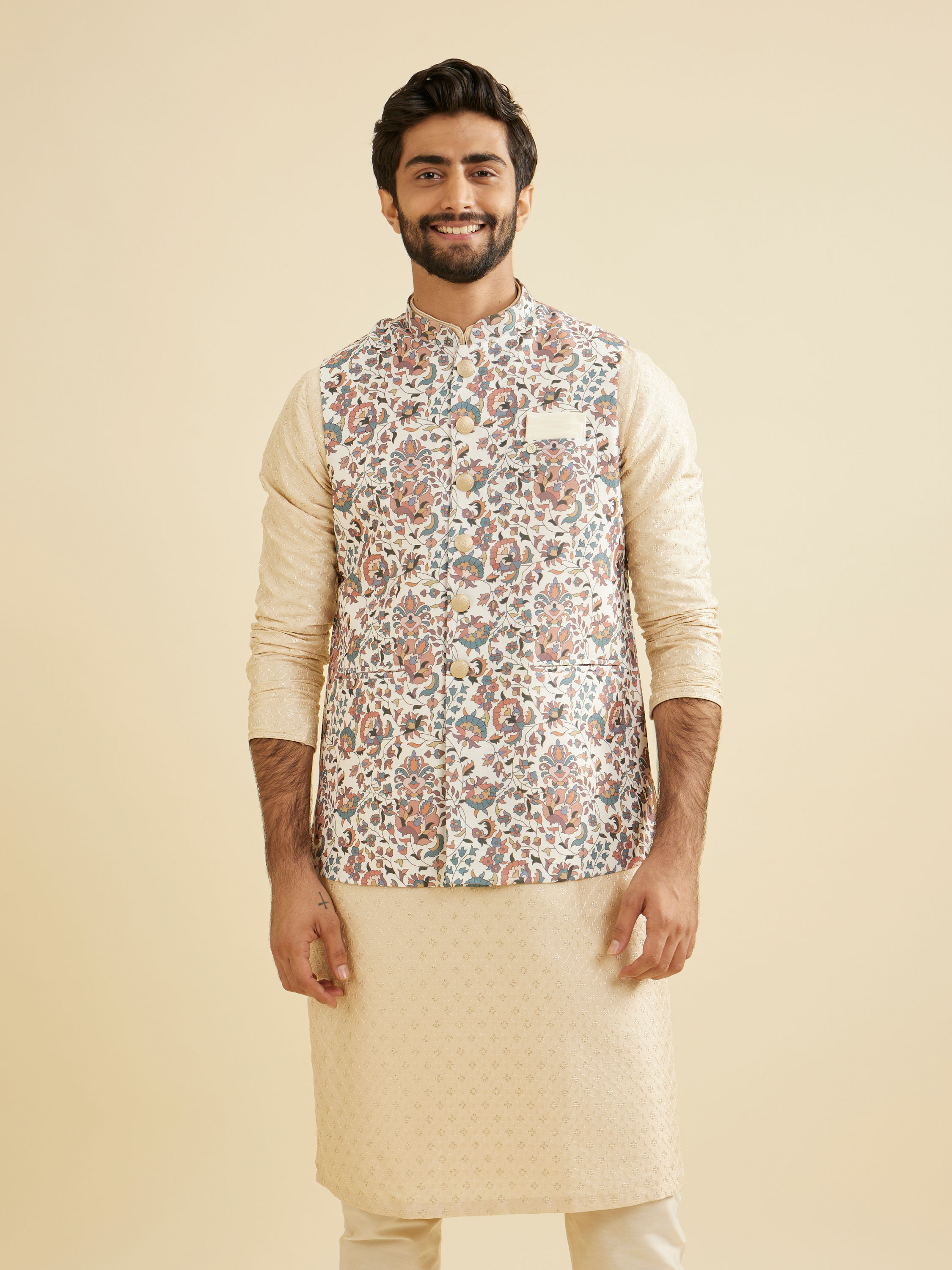 Manyavar Men Beige Bel Buti Print Nehru Jacket