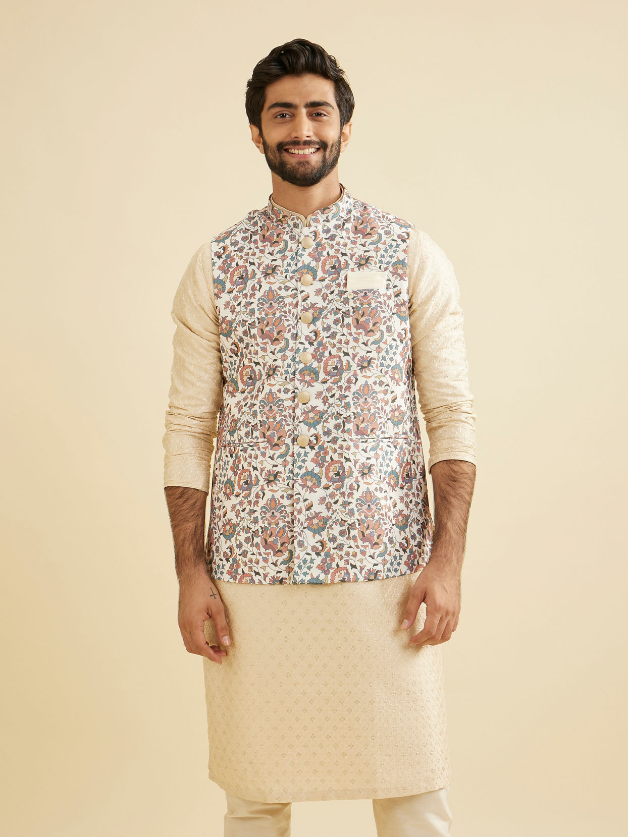 Manyavar Men Beige Bel Buti Print Nehru Jacket image number 0