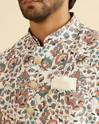 Manyavar Men Beige Bel Buti Print Nehru Jacket
