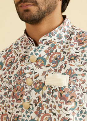 Manyavar Men Beige Bel Buti Print Nehru Jacket