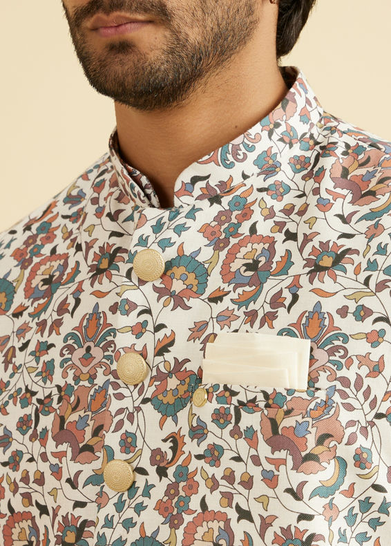 Manyavar Men Beige Bel Buti Print Nehru Jacket