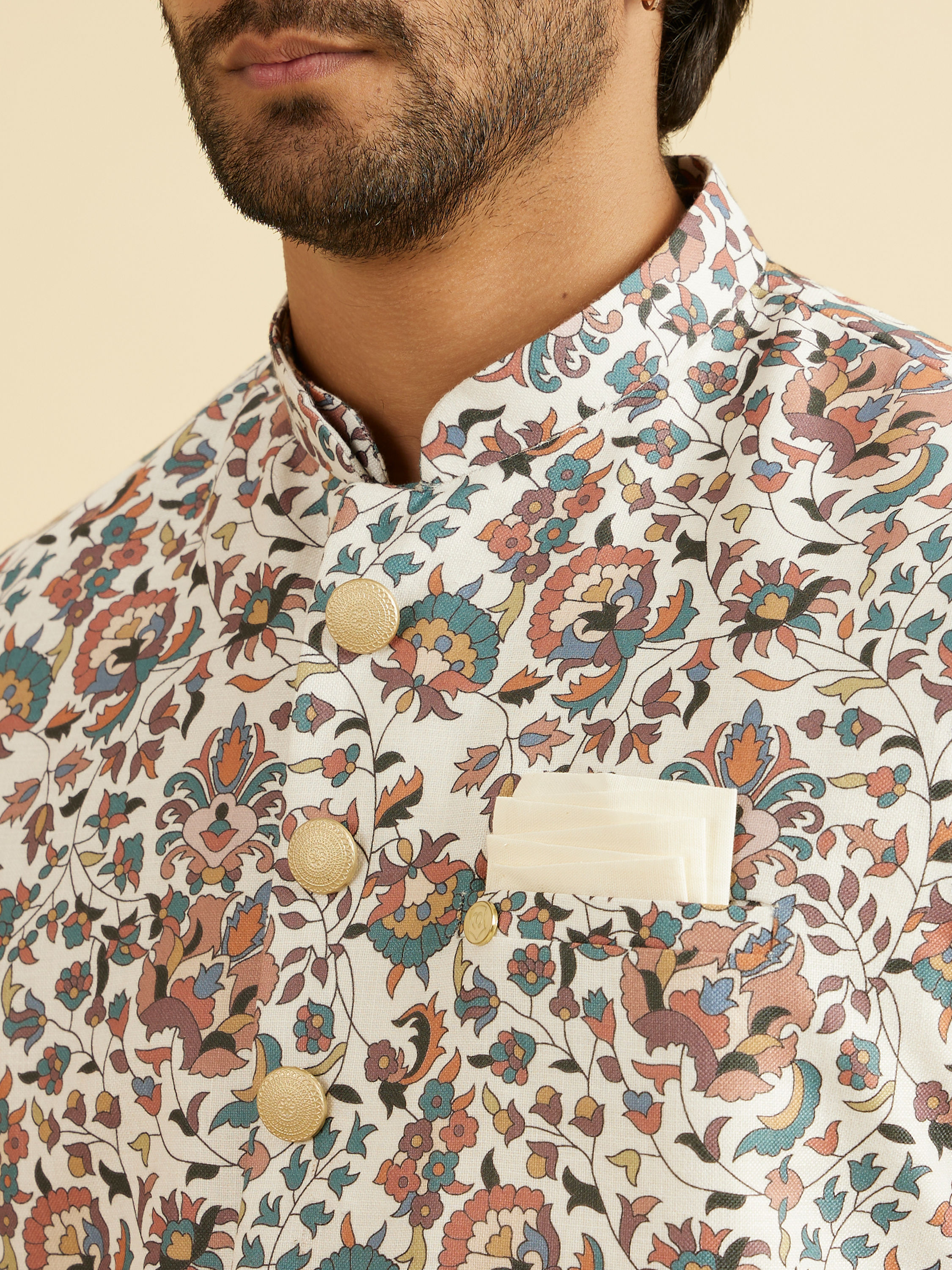 Manyavar Men Beige Bel Buti Print Nehru Jacket