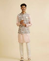 alt message - Manyavar Men Beige Bel Buti Print Nehru Jacket image number 2