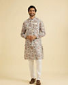 Manyavar Men Beige Bel Buti Print Nehru Jacket
