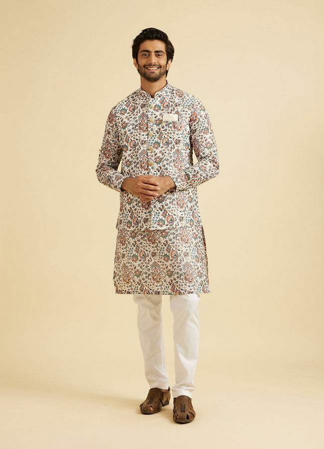 Manyavar Men Beige Bel Buti Print Nehru Jacket