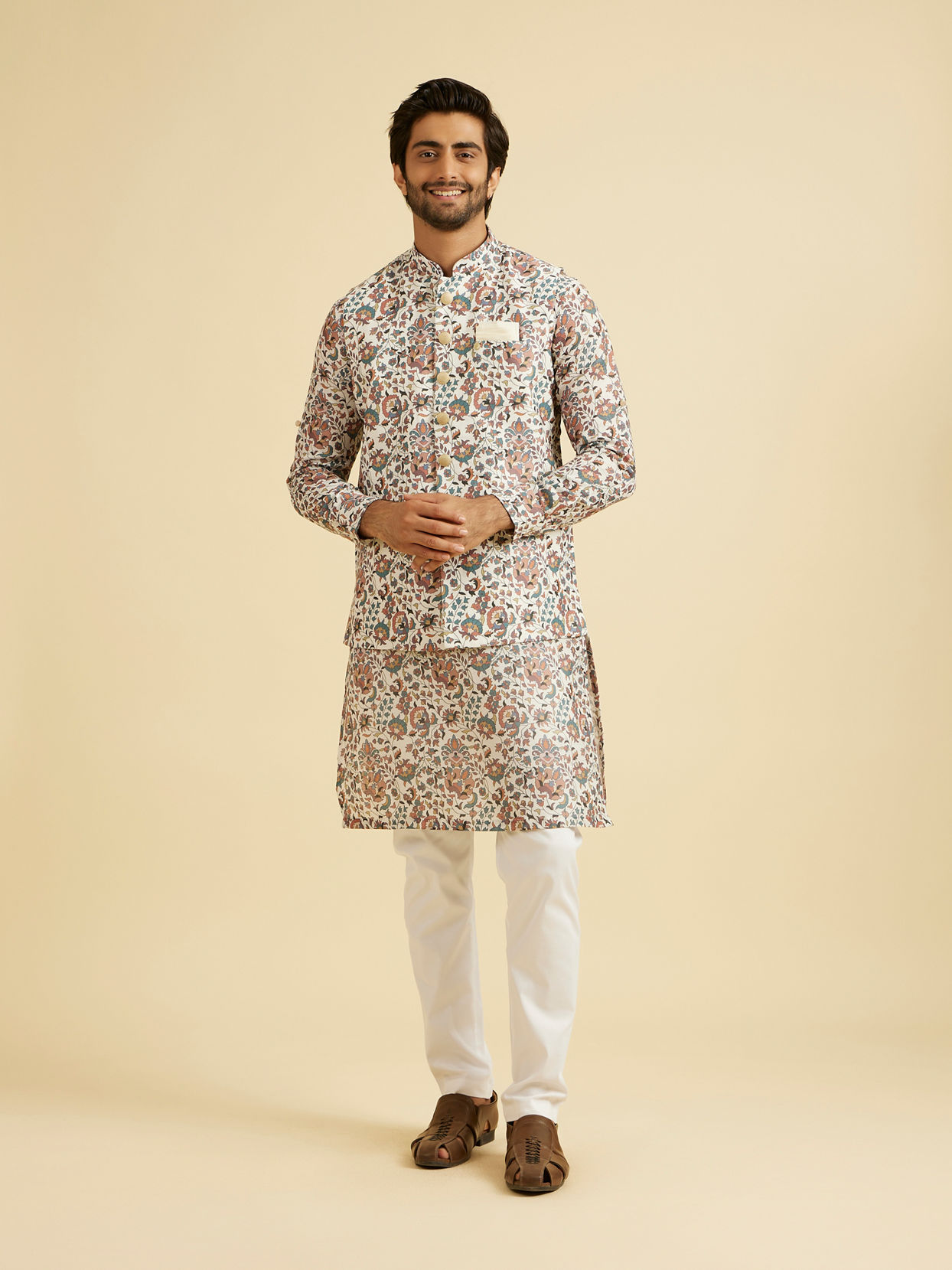 Manyavar Men Beige Bel Buti Print Nehru Jacket