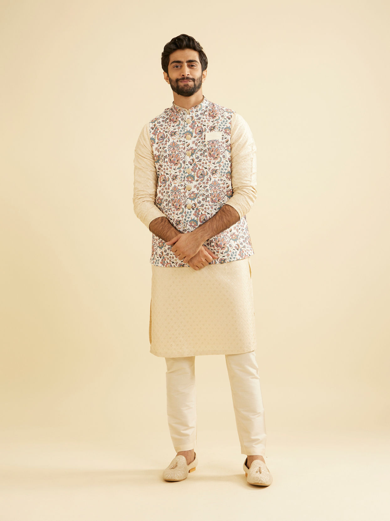 Manyavar Men Beige Bel Buti Print Nehru Jacket image number 2