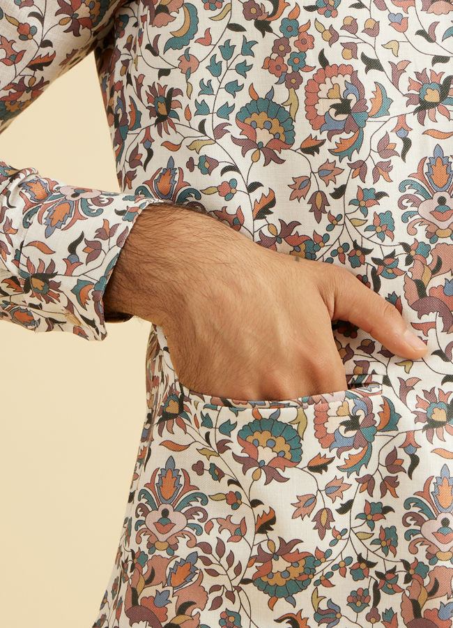 Manyavar Men Beige Bel Buti Print Nehru Jacket