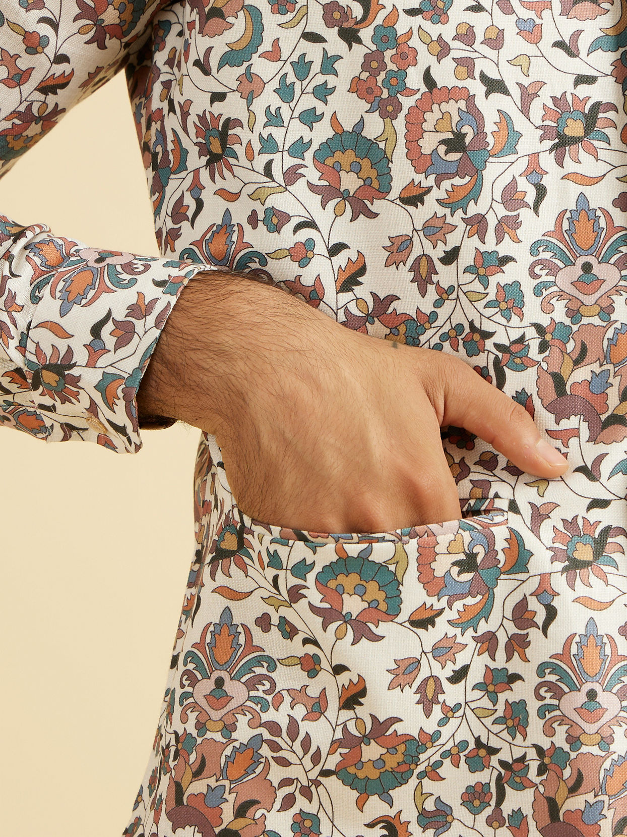 Manyavar Men Beige Bel Buti Print Nehru Jacket