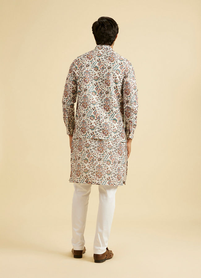 Manyavar Men Beige Bel Buti Print Nehru Jacket
